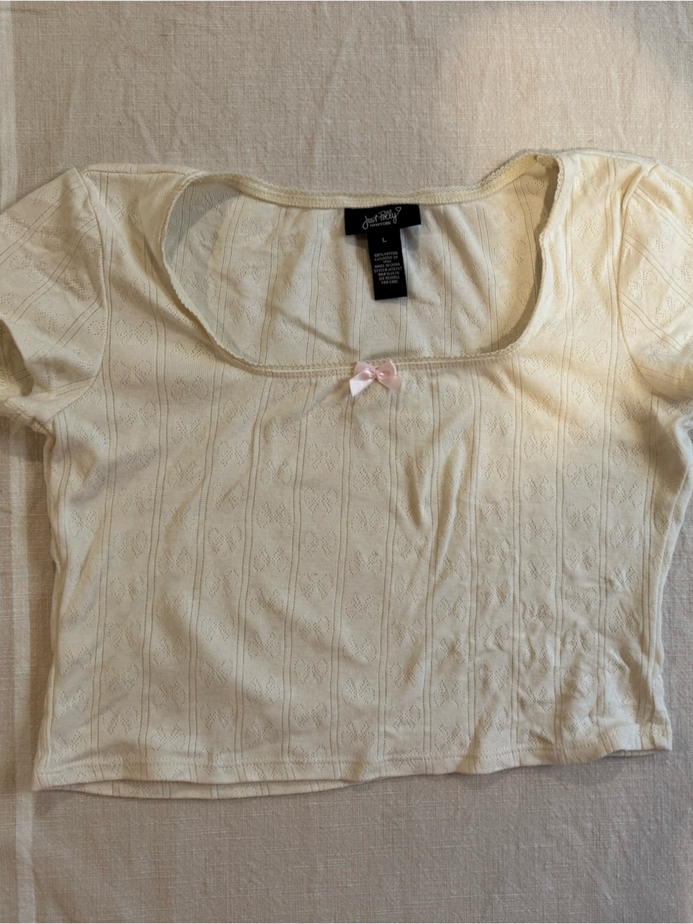 Just Breathe Cream Scoop Neck Short Sleeve Top with Pink Bow